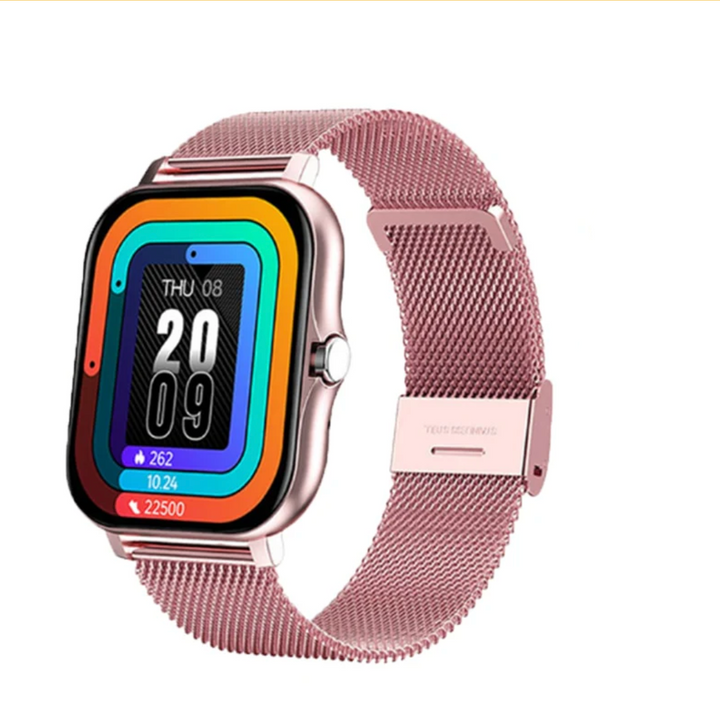 "Montre connectée élégante pour femmes en or avec bracelet fin et écran tactile, design moderne et raffiné."