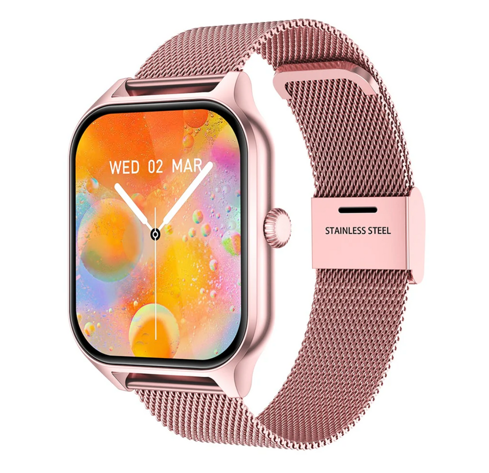 "Montre connectée élégante pour femmes en or avec bracelet fin et écran tactile, design moderne et raffiné."