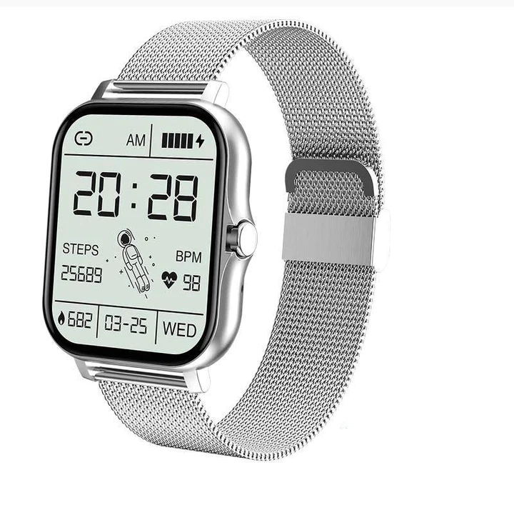 "Montre digitale luxueuse argentée au design élégant, avec écran tactile et suivi santé. Idéale pour sportifs et quotidien."
