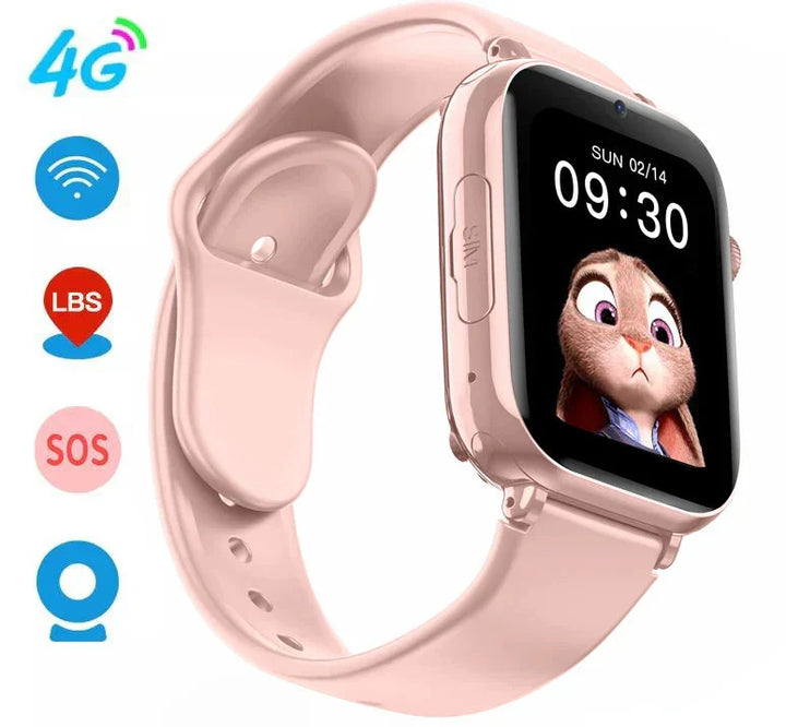 "Montre GPS enfant 4G avec bracelet silicone, cadran carré; connectivité et localisation pour sécurité maximale"