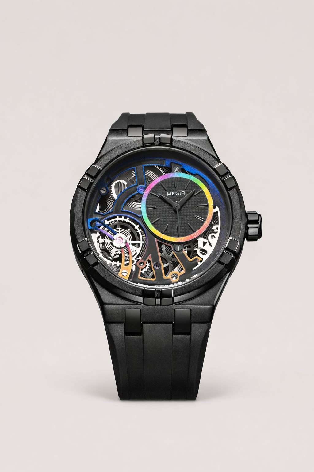 Montre mécanique automatique pour hommes avec cadran ouvert squelette et bracelet en silicone noir confortable.