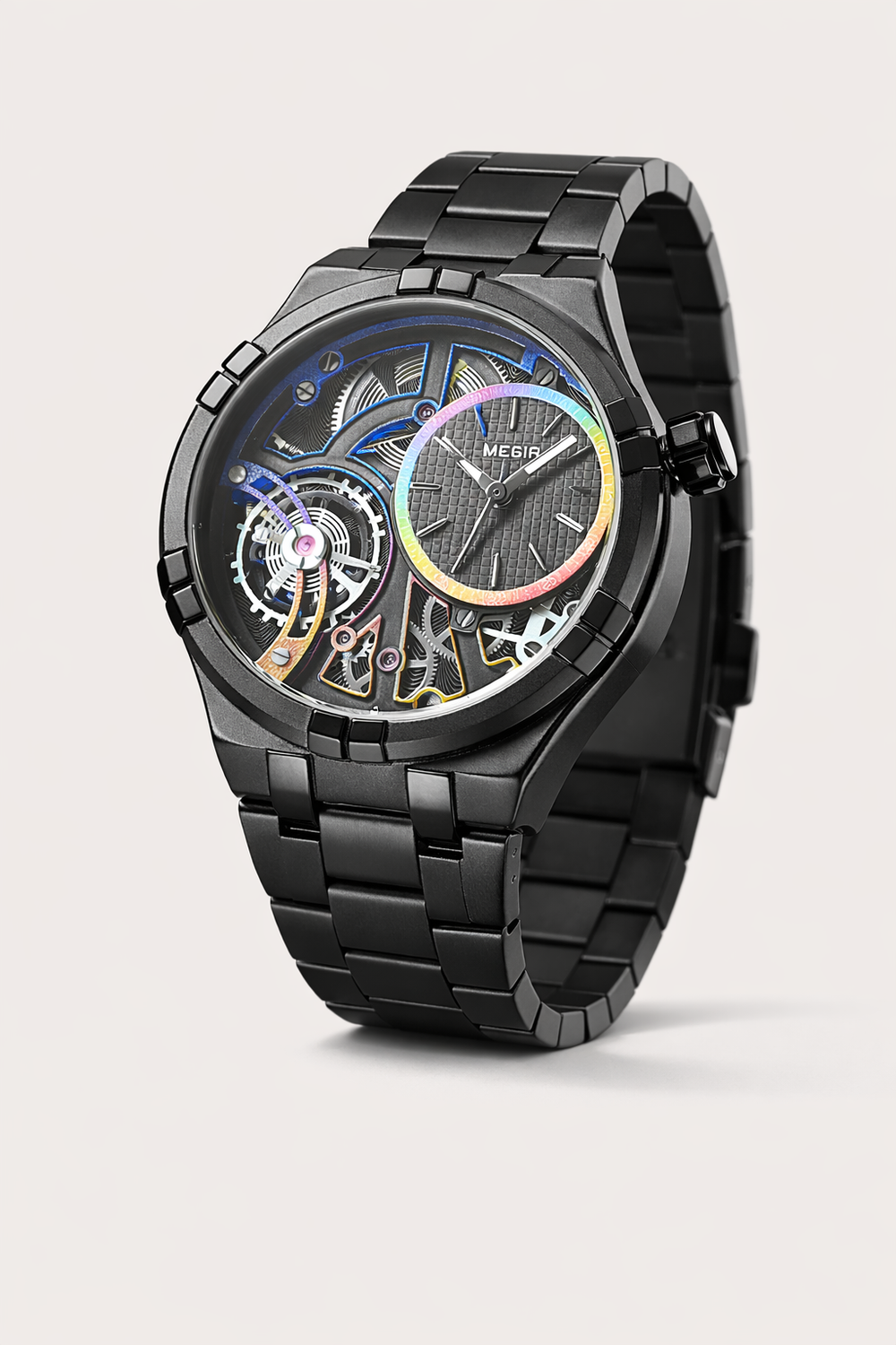 Élégante montre automatique pour hommes avec mouvement mécanique visible, cadran ouvert et bracelet silicone résistant.