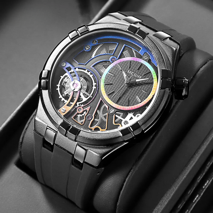 Montre homme chic à remontage automatique, cadran squelette apparent et bracelet en silicone souple pour un confort optimal.
