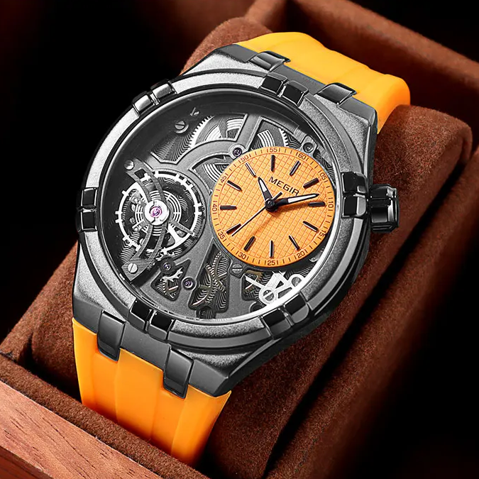 Montre mécanique homme, remontage automatique, cadran ajouré révélant le mouvement, bracelet silicone noir durable.