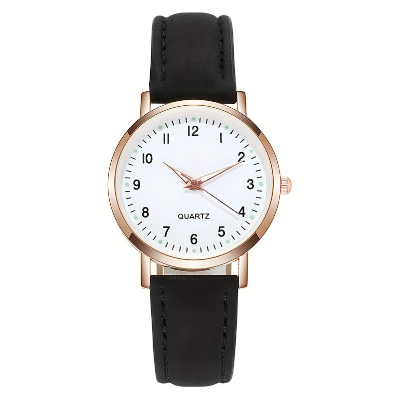 Montre quartz analogique ronde pour femme, bracelet fin en cuir PU noir, boîtier doré élégant, style classique