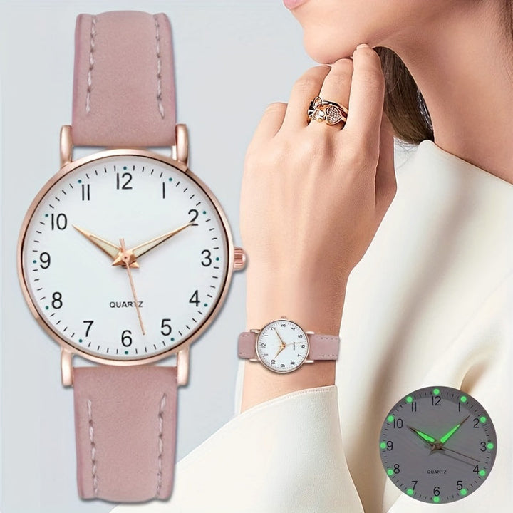 Montre ronde femme, style décontracté chic, bracelet en cuir PU marron clair, cadran simple, mouvement quartz fiable
