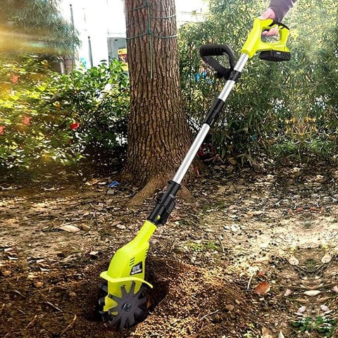 Motobineuse électrique sans fil jaune.  Outil léger et ergonomique pour désherber et préparer le sol. Jardinage facile.