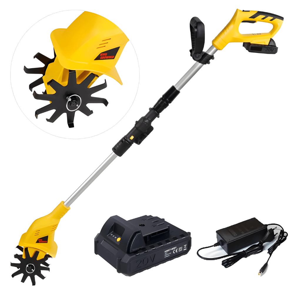 Motobineuse électrique sans fil jaune.  Outil léger et ergonomique pour désherber et préparer le sol. Jardinage facile.