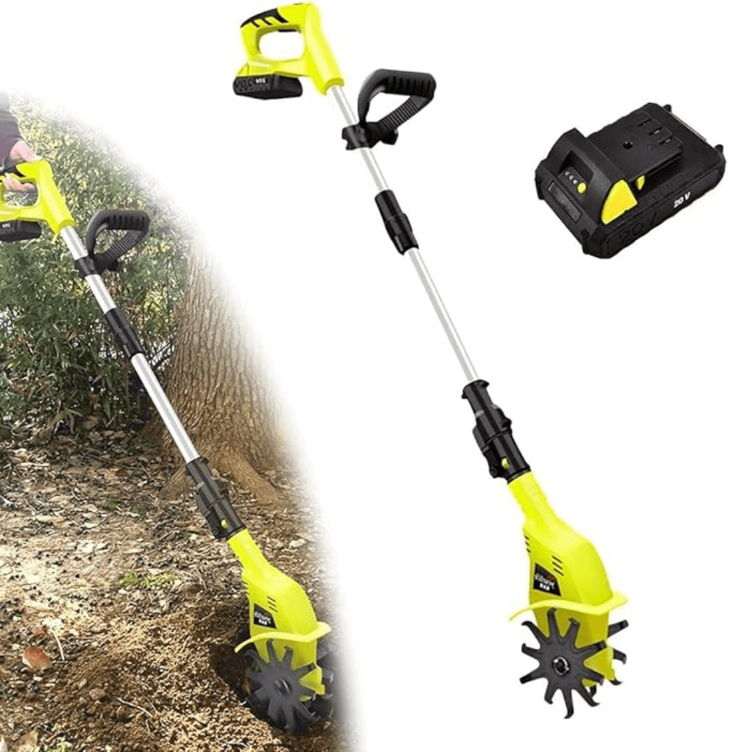 Motobineuse électrique sans fil jaune.  Outil léger et ergonomique pour désherber et préparer le sol. Jardinage facile.