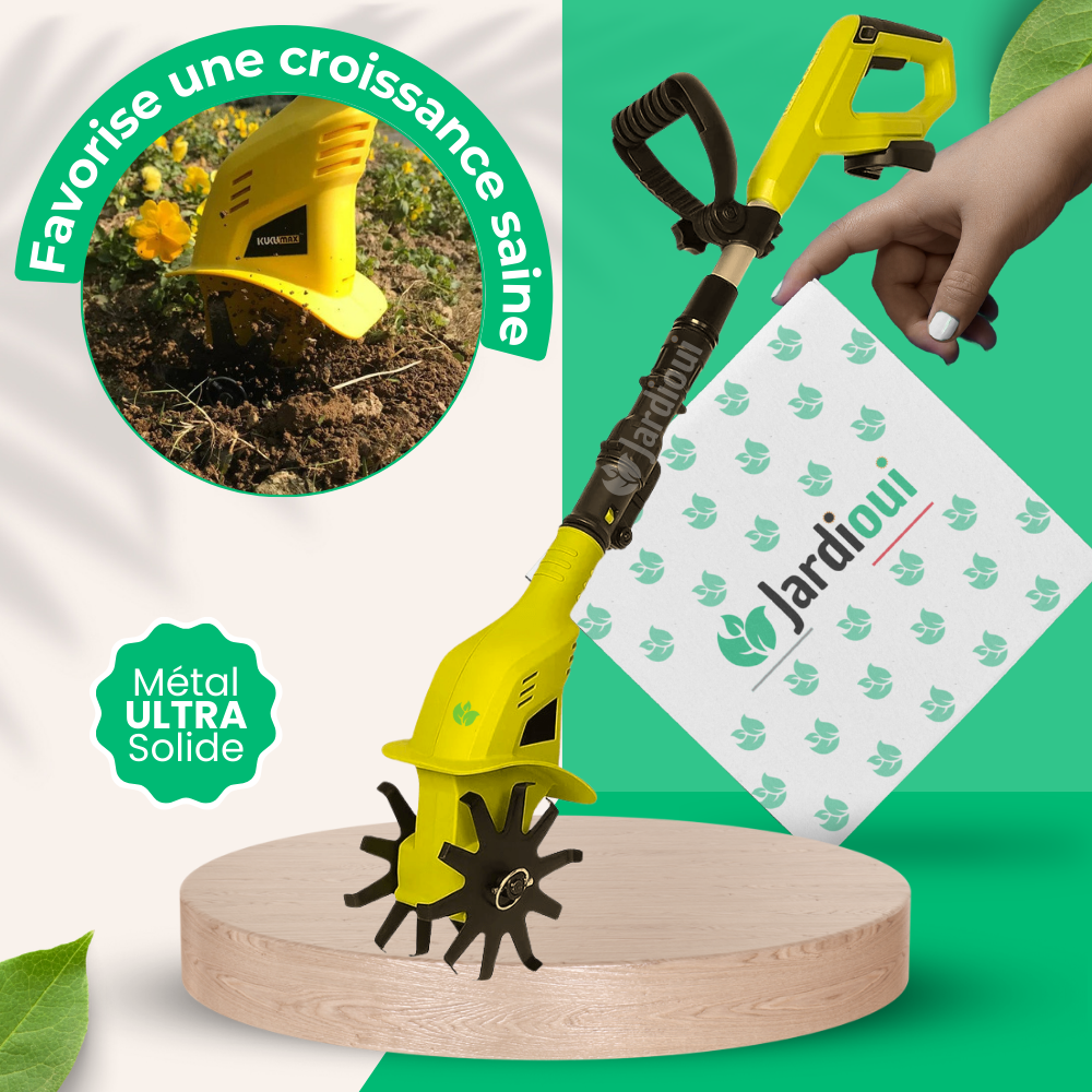 Motobineuse électrique sans fil jaune.  Outil léger et ergonomique pour désherber et préparer le sol. Jardinage facile.