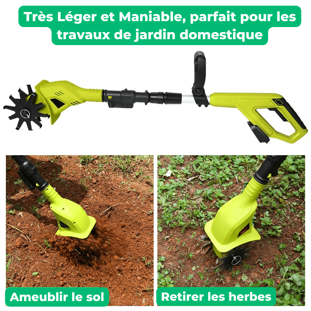 Motobineuse électrique sans fil jaune.  Outil léger et ergonomique pour désherber et préparer le sol. Jardinage facile.
