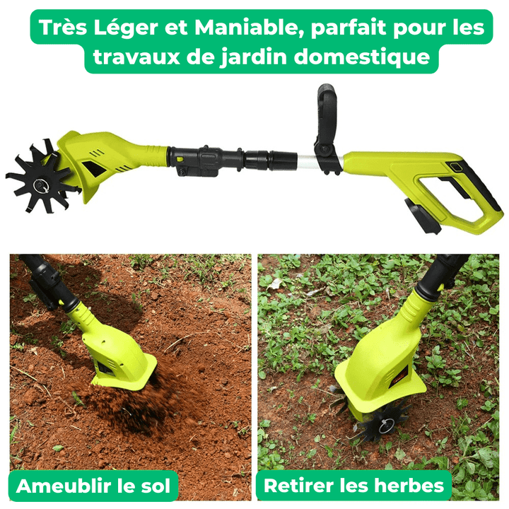 Motobineuse électrique sans fil jaune.  Outil léger et ergonomique pour désherber et préparer le sol. Jardinage facile.