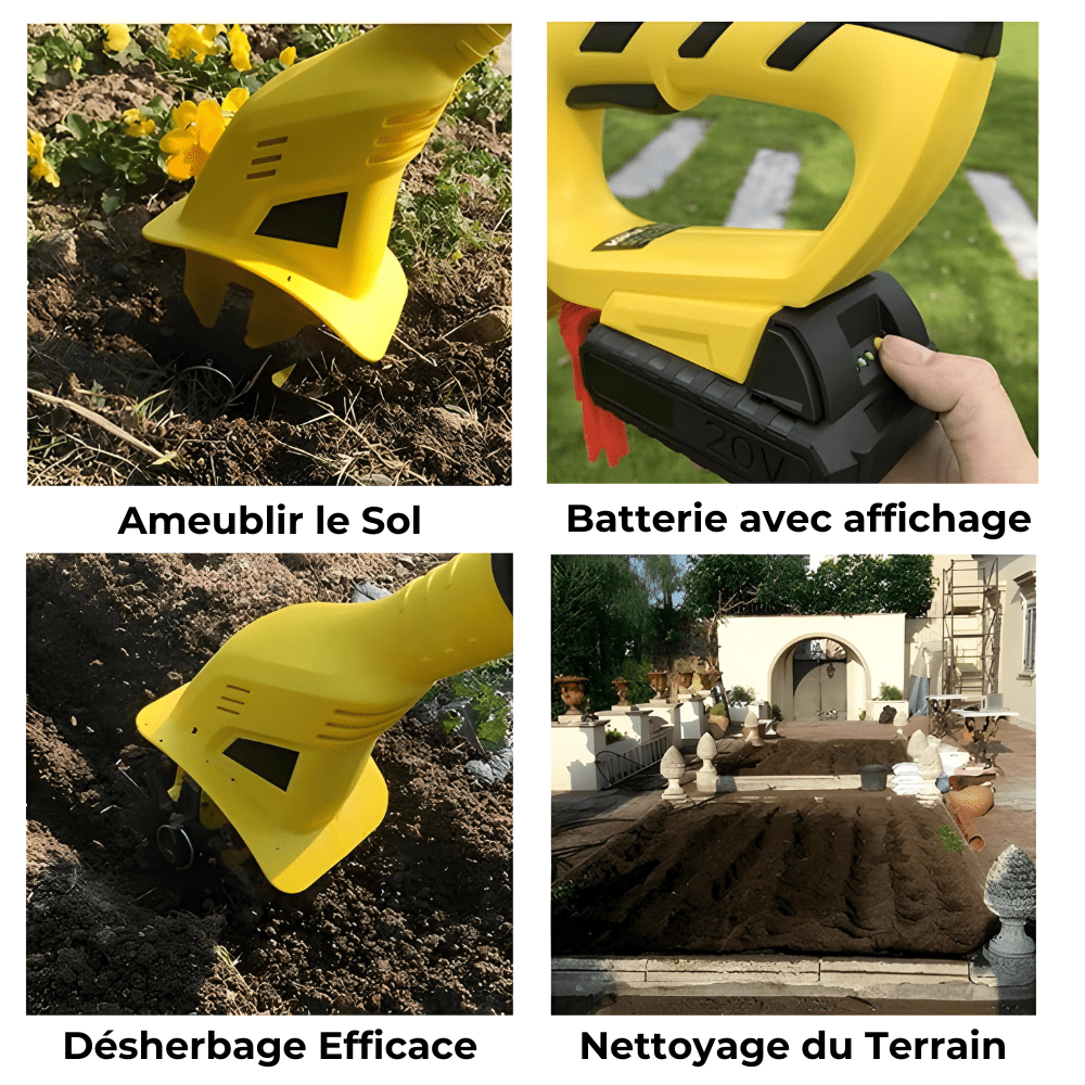 Motobineuse électrique sans fil jaune.  Outil léger et ergonomique pour désherber et préparer le sol. Jardinage facile.