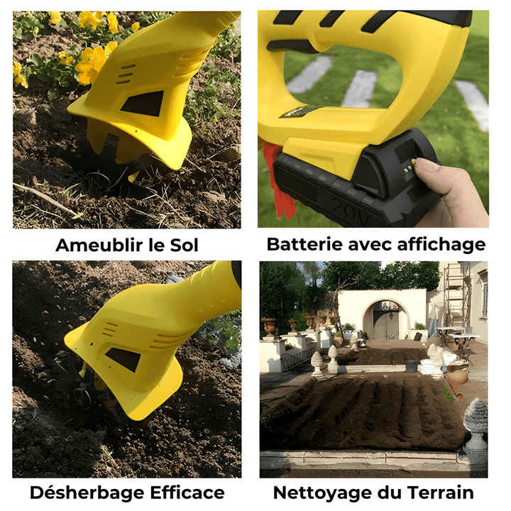 Motobineuse électrique sans fil jaune.  Outil léger et ergonomique pour désherber et préparer le sol. Jardinage facile.