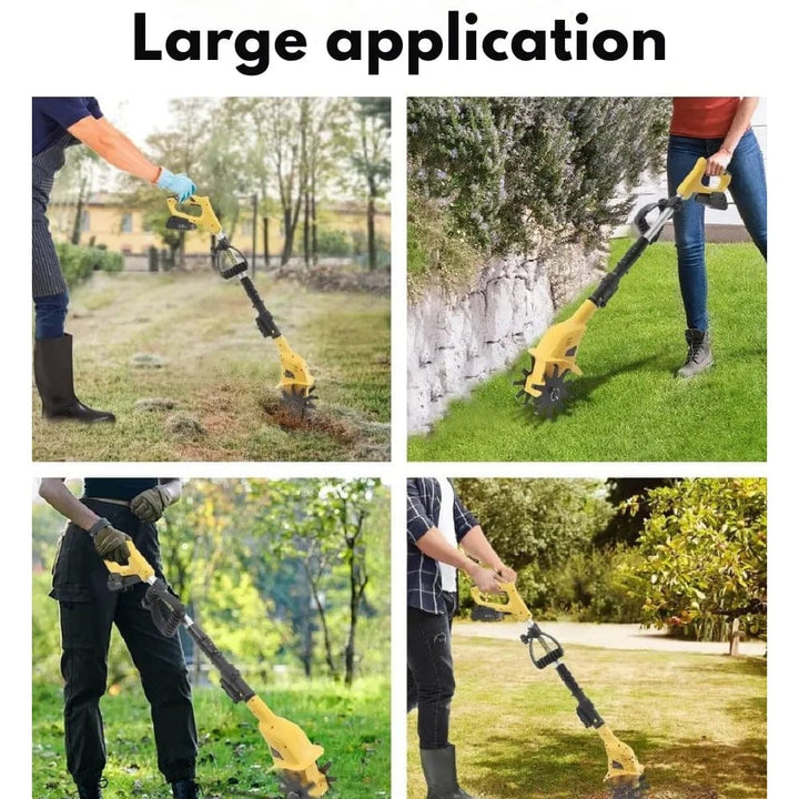 Motobineuse électrique sans fil jaune.  Outil léger et ergonomique pour désherber et préparer le sol. Jardinage facile.