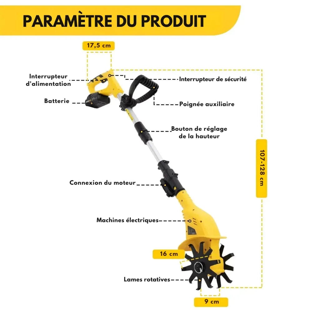 Motobineuse électrique sans fil jaune.  Outil léger et ergonomique pour désherber et préparer le sol. Jardinage facile.