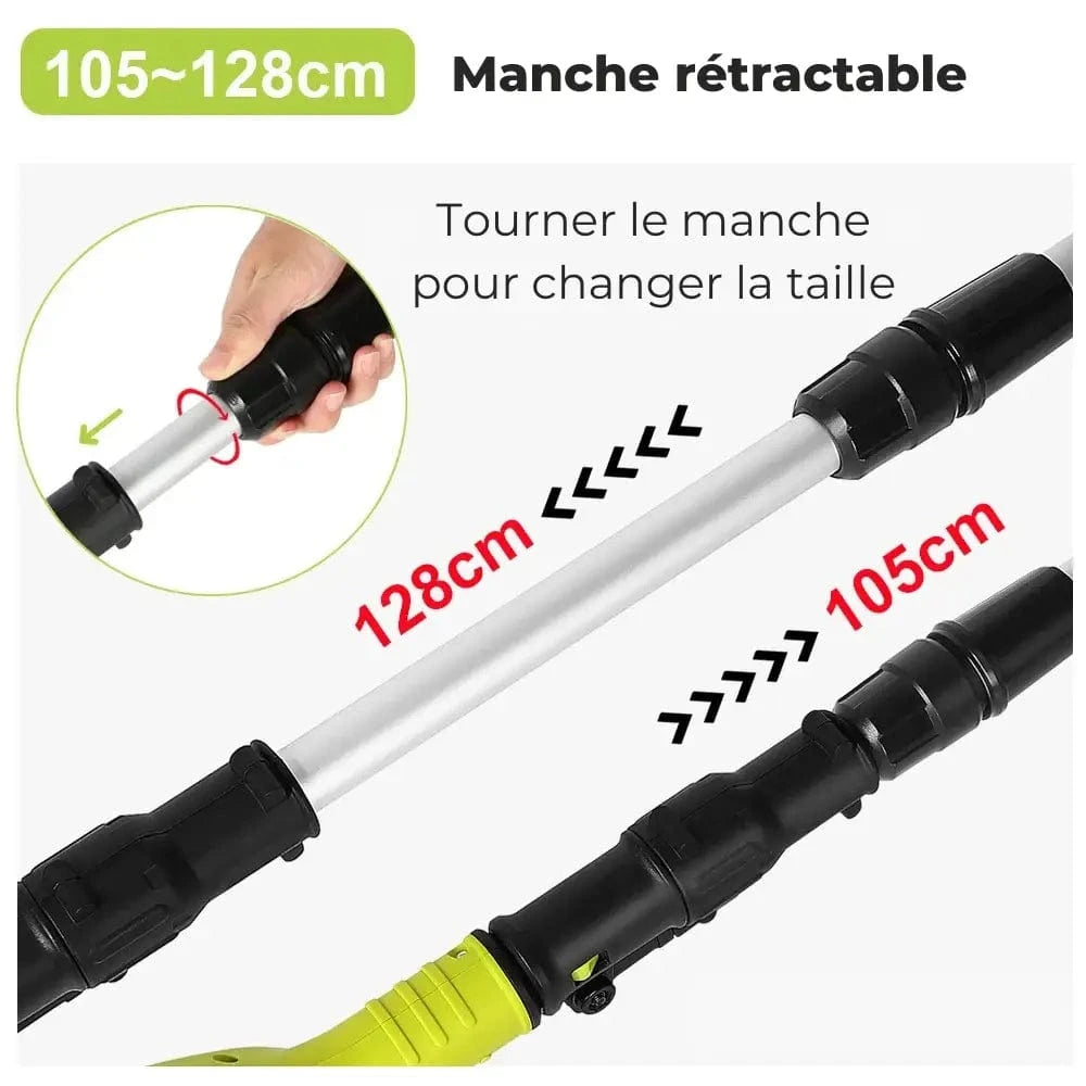 Motobineuse électrique sans fil jaune.  Outil léger et ergonomique pour désherber et préparer le sol. Jardinage facile.