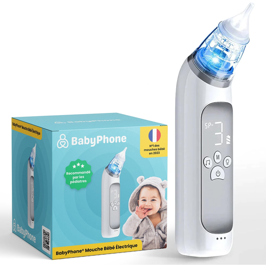 "Mouche bébé électrique avec embouts silicone et écran LCD, design ergonomique, pour soulager la congestion nasale."