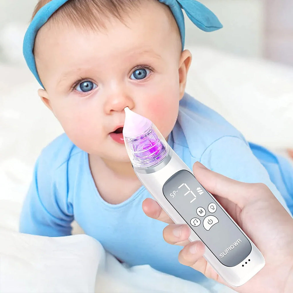 "Mouche bébé électrique avec embouts silicone et écran LCD, design ergonomique, pour soulager la congestion nasale."