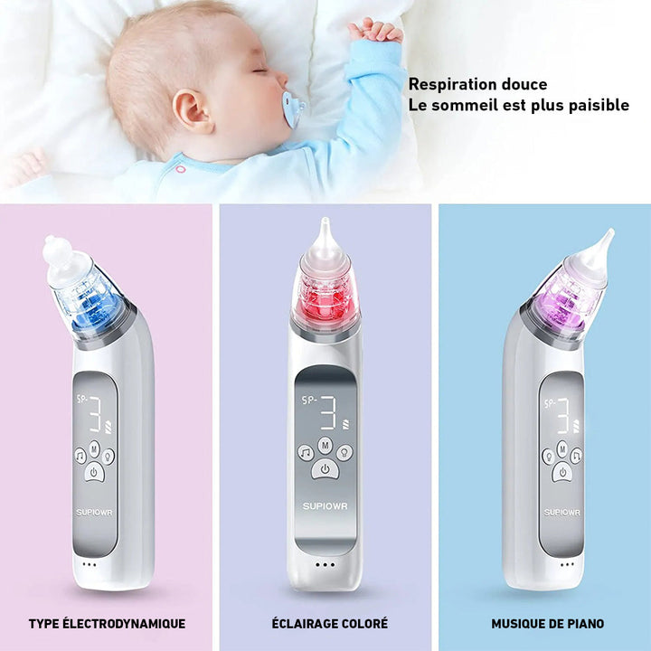 "Mouche bébé électrique avec embouts silicone et écran LCD, design ergonomique, pour soulager la congestion nasale."