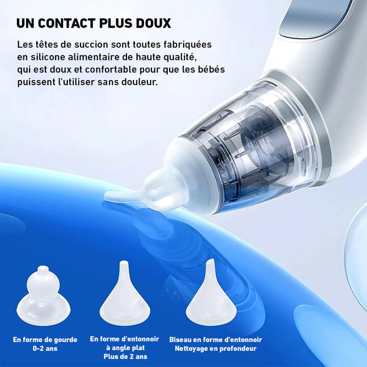 "Mouche bébé électrique avec embouts silicone et écran LCD, design ergonomique, pour soulager la congestion nasale."