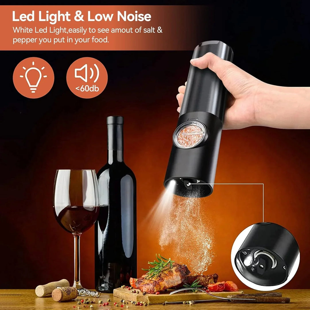 Moulin à sel & poivre électrique rechargeable.  LED, réglage grossier/fin. Design élégant.