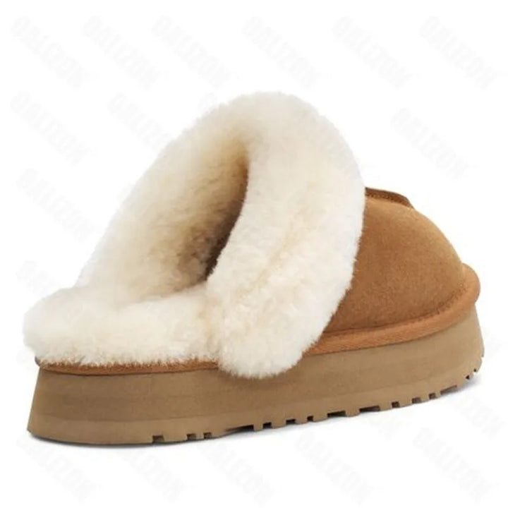 Mules d'hiver pour femmes, en daim gris anthracite, fourrure blanche moelleuse, confort et chaleur garantis.