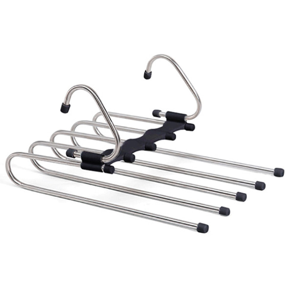 Multifunctional pants organizer for closet.  Space-saving design holds pants, skirts, and more.  Neatly organizes clothing.