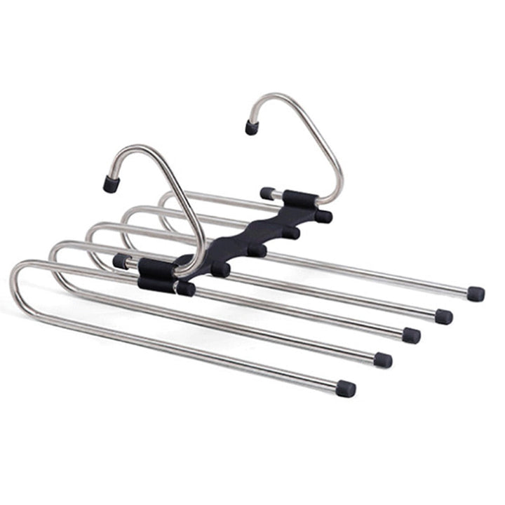 Multifunctional pants organizer for closet.  Space-saving design holds pants, skirts, and more.  Neatly organizes clothing.
