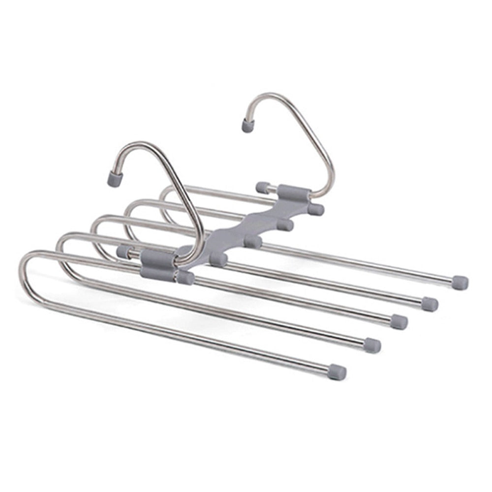 Multifunctional pants organizer for closet.  Space-saving design holds pants, skirts, and more.  Neatly organizes clothing.
