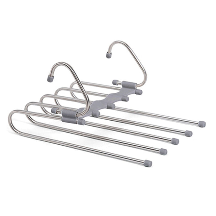 Multifunctional pants organizer for closet.  Space-saving design holds pants, skirts, and more.  Neatly organizes clothing.