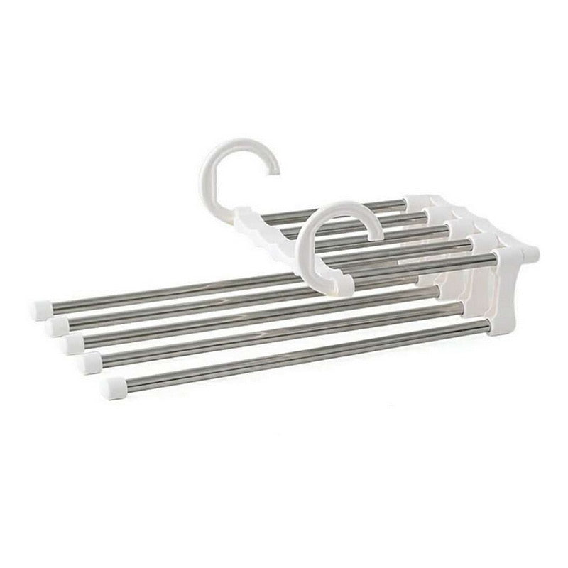 Multifunctional pants organizer for closet.  Space-saving design holds pants, skirts, and more.  Neatly organizes clothing.