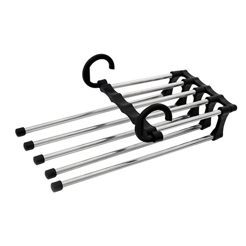 Multifunctional pants organizer for closet.  Space-saving design holds pants, skirts, and more.  Neatly organizes clothing.