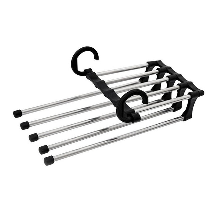 Multifunctional pants organizer for closet.  Space-saving design holds pants, skirts, and more.  Neatly organizes clothing.