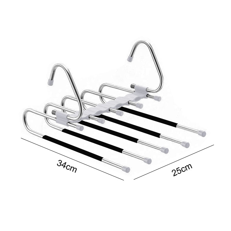 Multifunctional pants organizer for closet.  Space-saving design holds pants, skirts, and more.  Neatly organizes clothing.