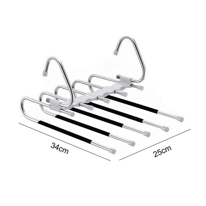 Multifunctional pants organizer for closet.  Space-saving design holds pants, skirts, and more.  Neatly organizes clothing.