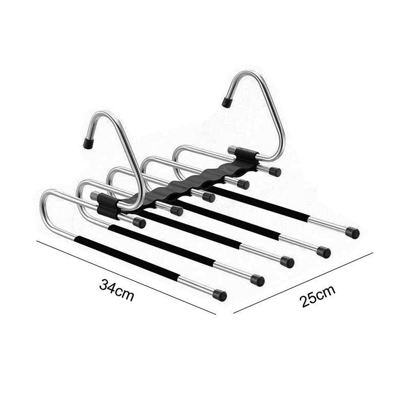 Multifunctional pants organizer for closet.  Space-saving design holds pants, skirts, and more.  Neatly organizes clothing.