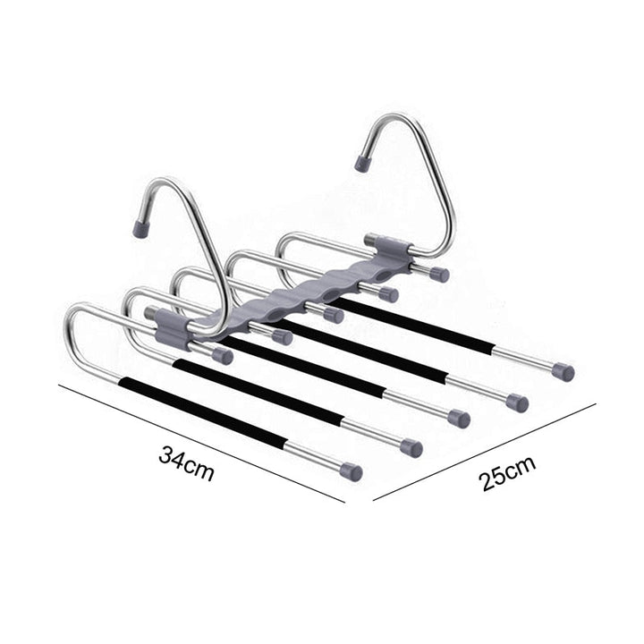 Multifunctional pants organizer for closet.  Space-saving design holds pants, skirts, and more.  Neatly organizes clothing.