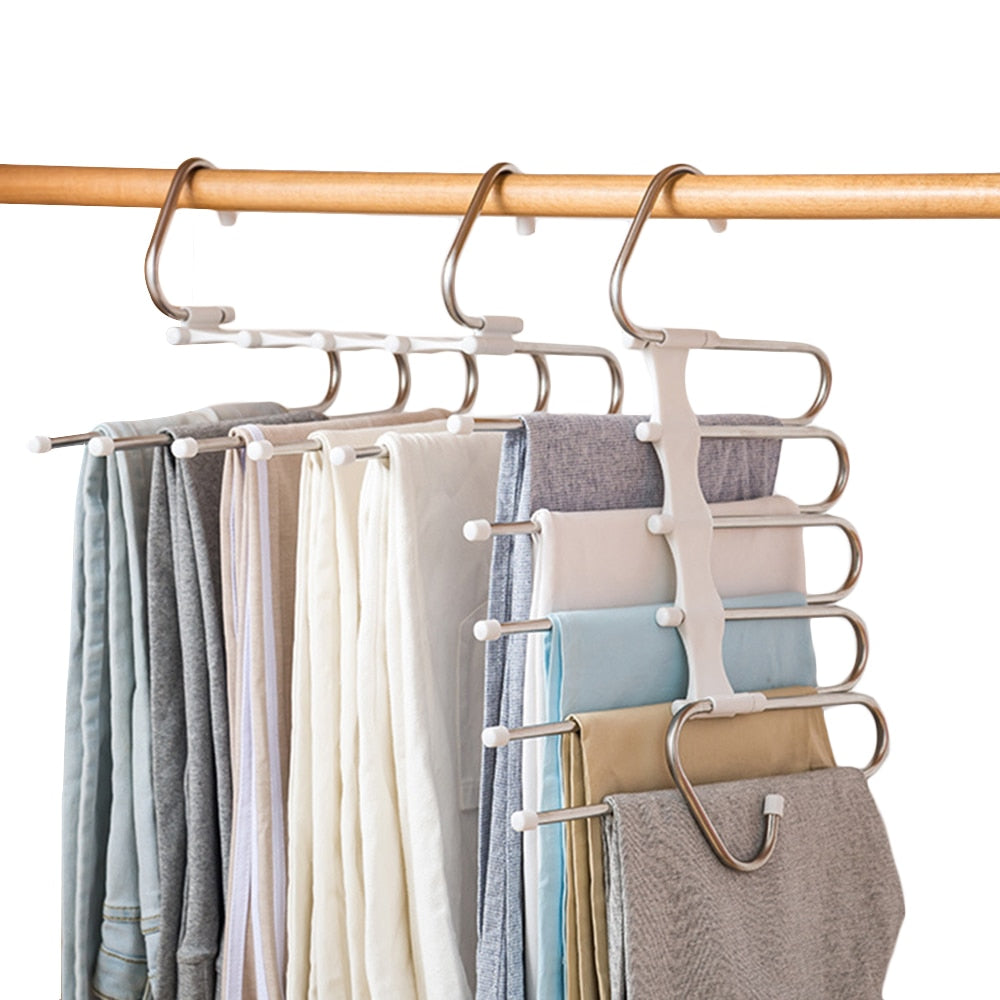 Multifunctional pants organizer for closet.  Space-saving design holds pants, skirts, and more.  Neatly organizes clothing.