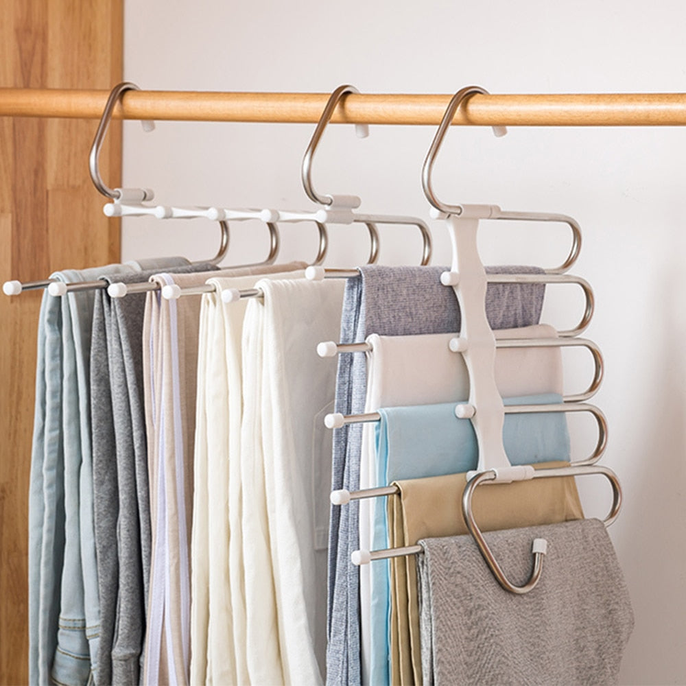 Multifunctional pants organizer for closet.  Space-saving design holds pants, skirts, and more.  Neatly organizes clothing.