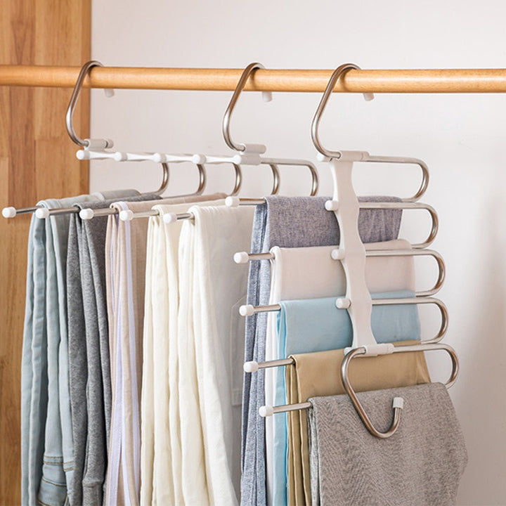Multifunctional pants organizer for closet.  Space-saving design holds pants, skirts, and more.  Neatly organizes clothing.