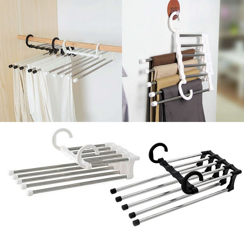 Multifunctional pants organizer for closet.  Space-saving design holds pants, skirts, and more.  Neatly organizes clothing.