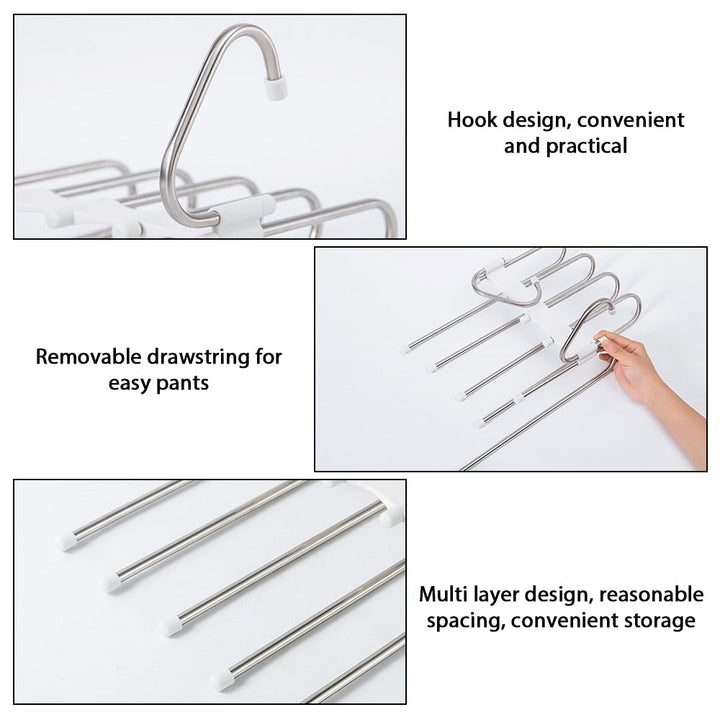 Multifunctional pants organizer for closet.  Space-saving design holds pants, skirts, and more.  Neatly organizes clothing.