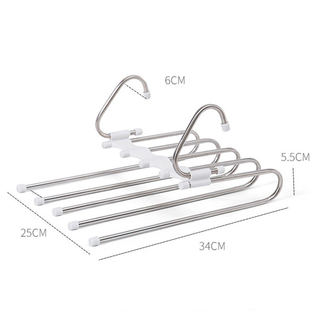 Multifunctional pants organizer for closet.  Space-saving design holds pants, skirts, and more.  Neatly organizes clothing.