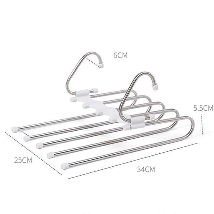Multifunctional pants organizer for closet.  Space-saving design holds pants, skirts, and more.  Neatly organizes clothing.