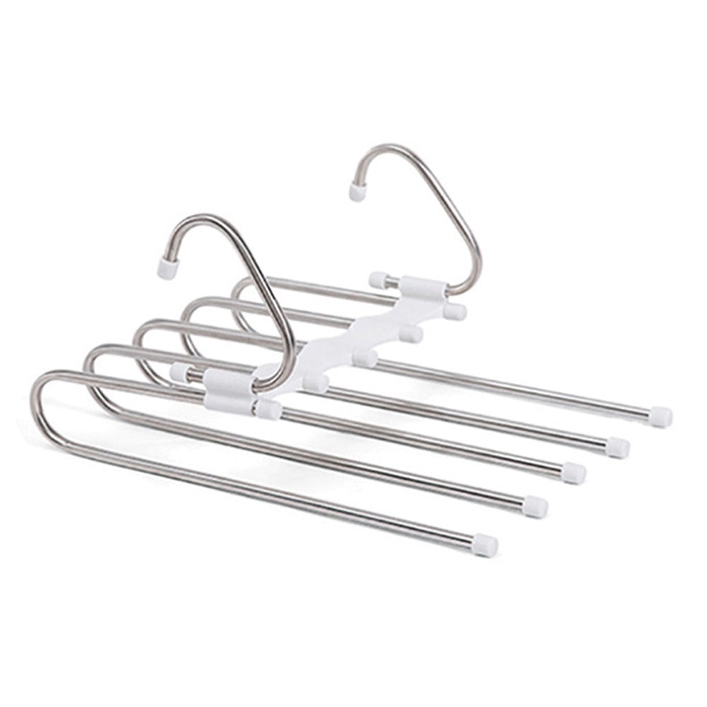 Multifunctional pants organizer for closet.  Space-saving design holds pants, skirts, and more.  Neatly organizes clothing.