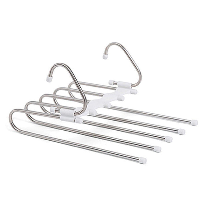 Multifunctional pants organizer for closet.  Space-saving design holds pants, skirts, and more.  Neatly organizes clothing.