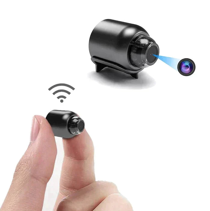 Caméra de sécurité WiFi NanoCam pour intérieur, compacte, facile à installer, avec détection de mouvement.