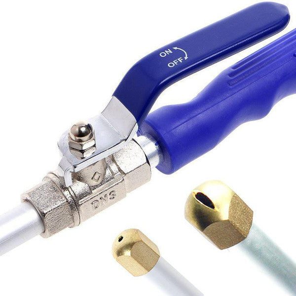 Nettoyeur haute pression bleu avec jet puissant, idéal pour nettoyer saletés tenaces sur bois, brique et béton.