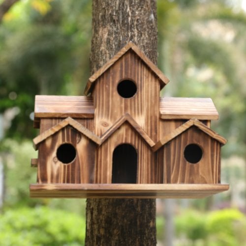 "Nichoir fonctionnel en bois résistant aux intempéries, design naturel, avec orifice rond et toit incliné, pour petits oiseau